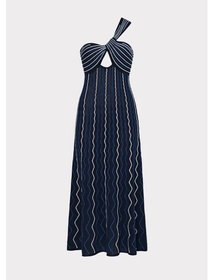 Milly Emerson Navy And White One-Shoulder Knit Midi Dress